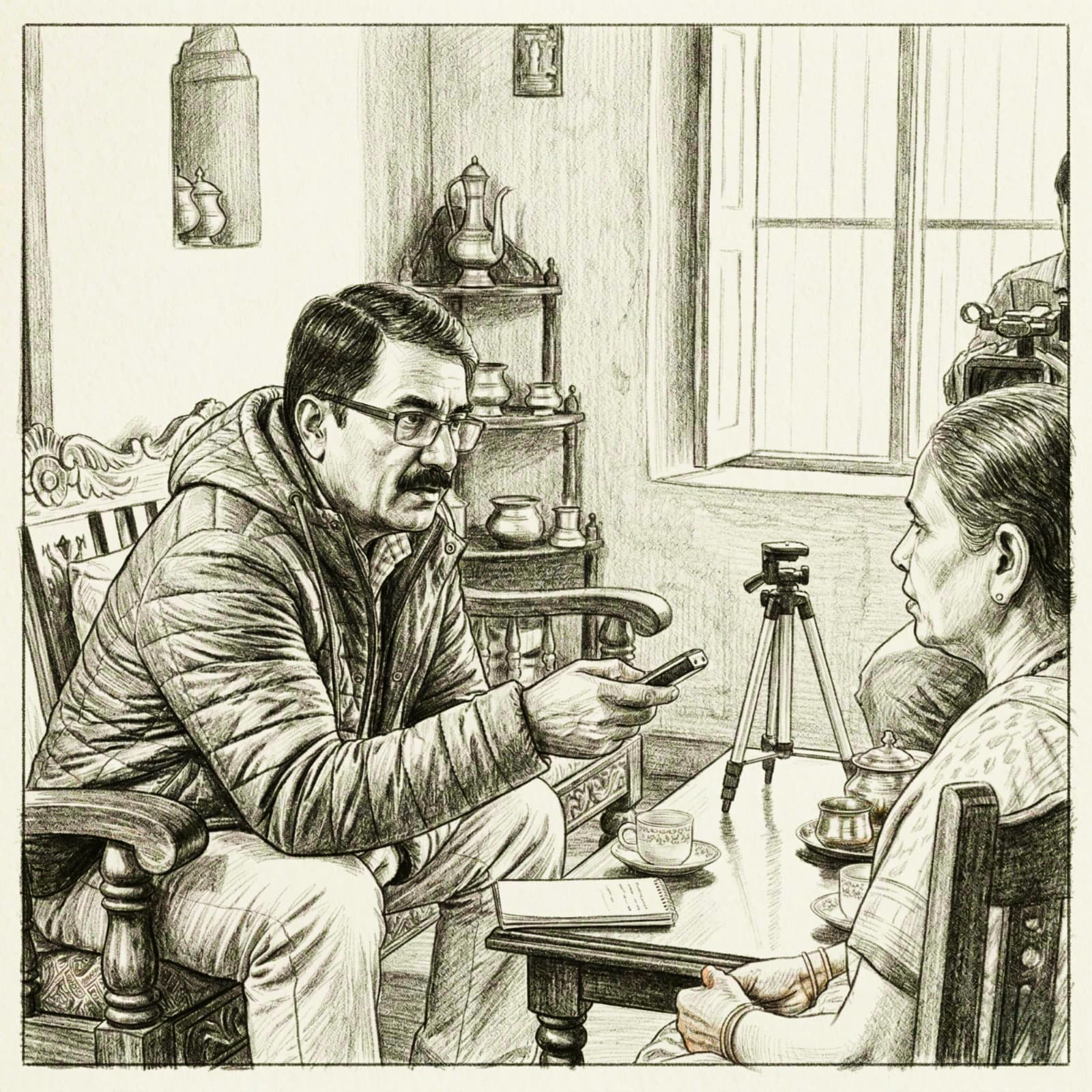 Artistic sketch of Maharudrappa interviewing a village elder